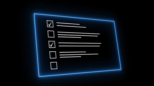 Glowing blue neon digital checklist screen loop with check marks and task list form on dark technology background visual asset