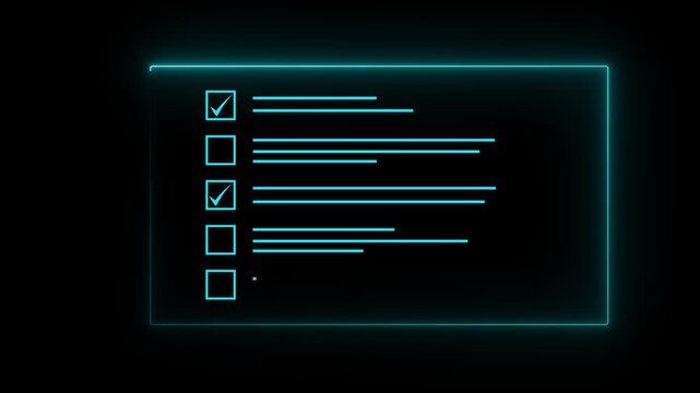 Glowing cyan neon digital checklist screen loop with check marks and task list form on dark technology background visual asset