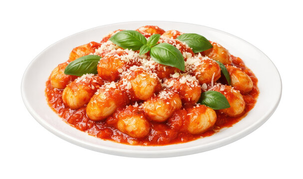 PNG Delicious gnocchi with tomato sauce and basil garnish.