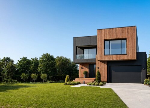 Beautiful modern luxury house exterior with contemporary architectural design and large green lawn under a clear blue sky