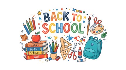 Naklejka premium Back to School Hand Drawn Illustration with Educational Supplies
