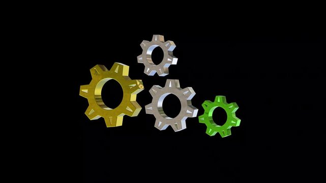 Colorful golden 3d gear icon rotation animation horizontal all the video with realistic glossy metallic reflections