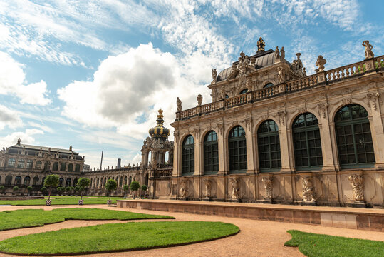 The historic Zwinger palace with ornate baroque architecture and sculptures in Dresden, Germany