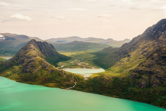 Scenic view of mountain wilderness with lakes and river, Jotunheimen, Norway