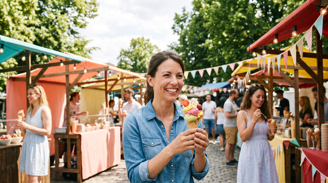 Outdoor ice cream market with colorful artisan desserts, happy customers, festive summer atmosphere, International Ice Cream Day