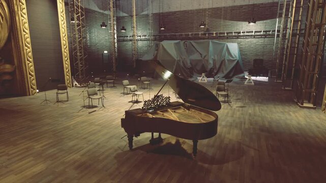 Latenight composer session around grand piano, open score, notebook and pen on bench, steaming cup on floor, single desk lamp casting warm glow, microphone