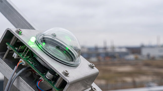 Close-up of weather sensor with green LED mounted on solar panel rack