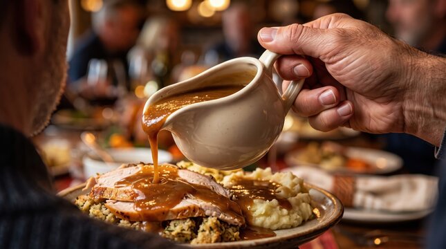 Thanksgiving dinner with gravy poured over turkey stuffing and mashed potatoes in a warm family setting
