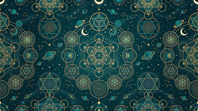 Celestial sacred geometry pattern with mystical planets and stars