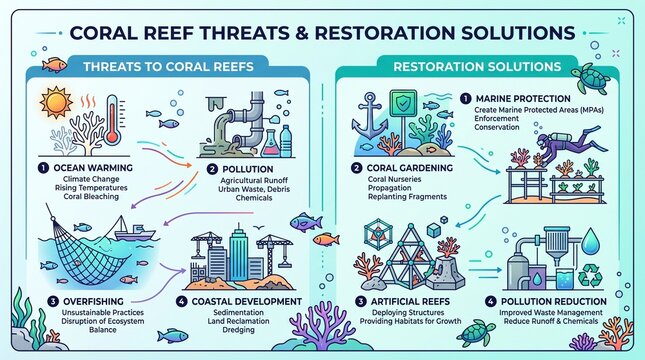 Infographic detailing threats to coral reefs and corresponding restoration solutions.