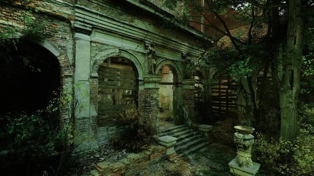 Sunlit cloister columns and walkway ireland, warm beams through foliage, soft shadows across stone, mosslined path, tranquil courtyard mood for contemplative