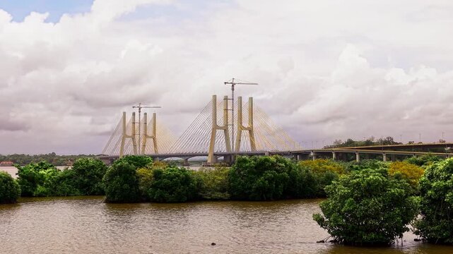 Cable stayed bridge and mangrove islands in a river estuary - July, 2026, Goa, India