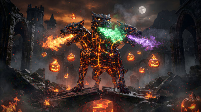AI-generated photorealistic obsidian crystal Cerberus, glowing magma veins, black glass skin, three heads with colored flames, floating pumpkins, stone ruins, volumetric smoke, luxury dark fantasy 