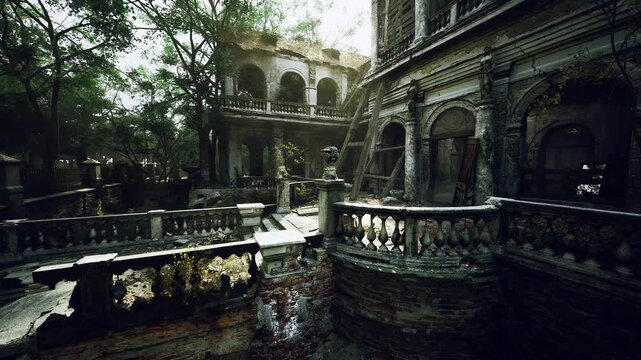 Wet courtyard United Kingdom with reflective puddles, curved balustrades and distant colonnade, dense foliage and overcast light, cinematic gloom suited
