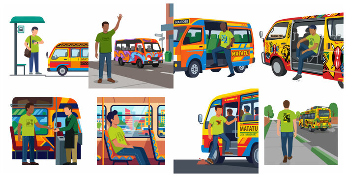 Kenyan Matatu Culture and Public Transport Flat Vector Illustration Set Featuring Passengers and Colorful Minibuses