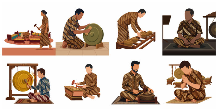 Set of traditional Javanese musicians playing Gamelan instruments in Batik attire, Indonesian culture flat vector illustration