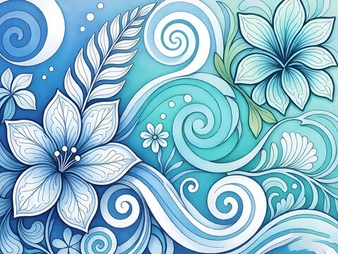 Intricate zentangle doodle composition with overlapping botanical leaves, abstract flowers, and elegant wave patterns