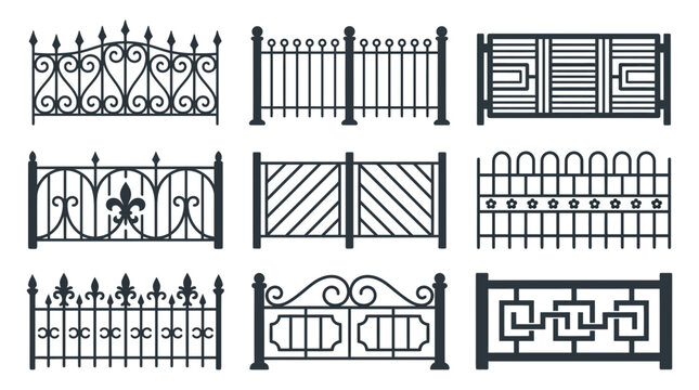 Collection of iron and wooden fence segments.