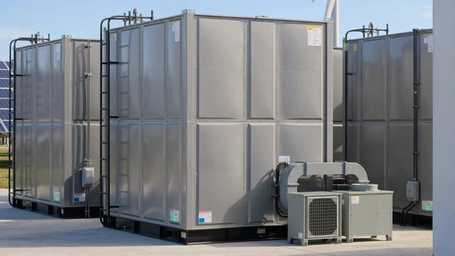 Lithium-ion battery energy storage system with renewable wind and solar power generation, featuring large-scale industrial li-ion bess containers for grid stability