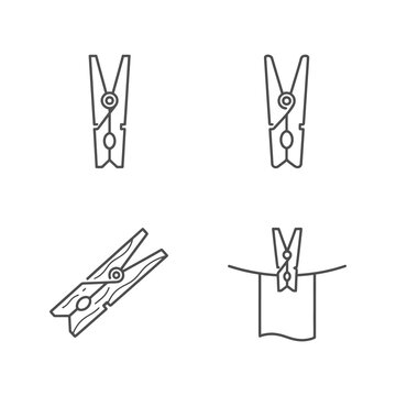 Set of different black outline clothes pegs clips for laundry items.