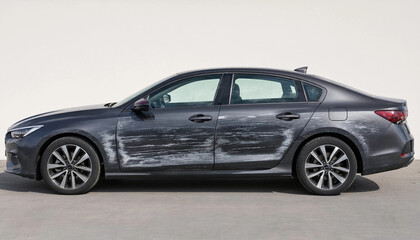Naklejka premium Scratched grey sedan car body side door damage after collision waiting for insurance repair and paint restoration