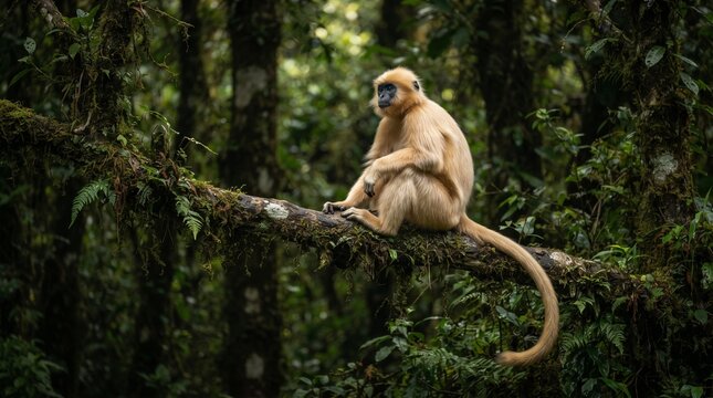 A rare golden langur sitting perched on a mossy tree branch deep within the lush, green canopy of a dense tropical rainforest, captured in its natural habitat.
