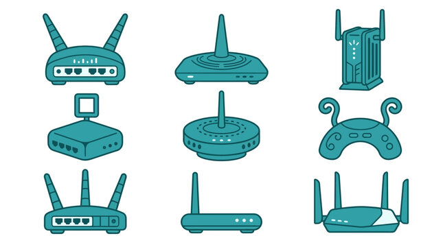 Set of wireless router icons and network signal equipment.