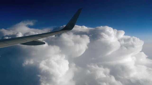Airplane wing flying next to massive fluffy white cumulus clouds under bright blue sky, passenger window view, high altitude daytime shot.
