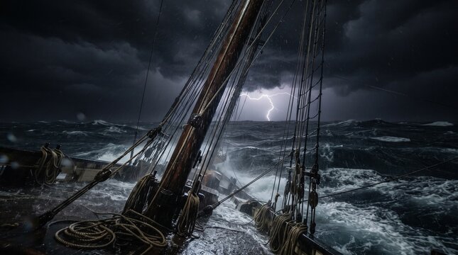 A dramatic first-person perspective from the deck of an old wooden sailing ship battling a violent storm, featuring massive waves, dark stormy clouds, and a lightning strike on the horizon.