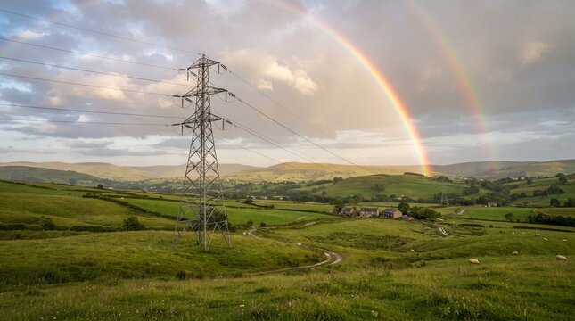A double rainbow arches over a lush green rural landscape featuring rolling hills and a prominent steel electrical transmission pylon under a dramatic sunset sky with clouds