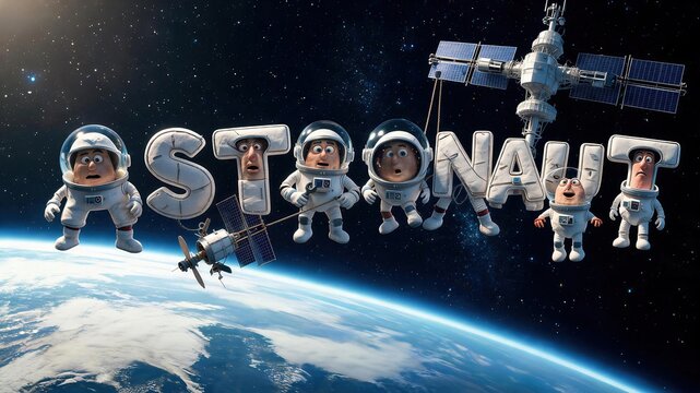 Astronaut Adventure in Space: A whimsical team of cartoon astronauts forms the word ASTRONAUT against the backdrop of Earth and a satellite, embarking on an imaginative space journey.
