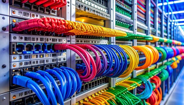 Close-up of organized network patch panels with color-coded cables