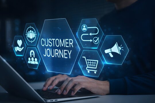 Customer journey concept showing a person working on a laptop with digital icons representing touchpoints, engagement, loyalty, marketing, and conversion path in customer experience strategy.