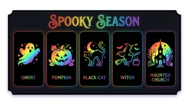 Five halloween themed vector illustrations with glowing neon outlines on transparent background ghost pumpkin black cat witch haunted church illustration glow outline