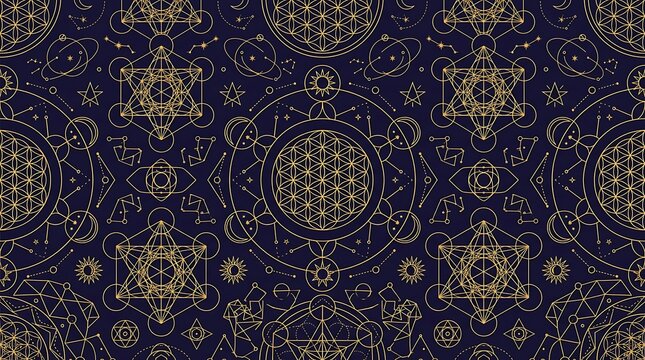 Seamless mystical pattern with sacred geometry and celestial symbols