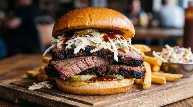 Homemade beef brisket burger with coleslaw cabbage and pickles on a wooden board