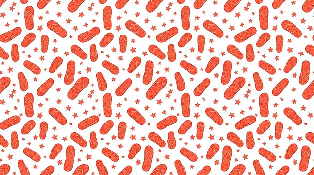 Seamless pattern of red flip-flops and stars on white background