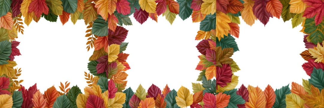 Set of A square autumn leaf border composed of fresh colorful fall leaves with scattered acorns and small twigs for a natural seasonal touch on transparent png background. Ai generated