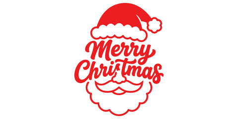 Red merry christmas lettering combined with santa claus hat and beard illustration isolated on background for holiday card design.