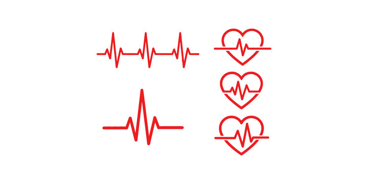 Set of red heartbeat and cardiogram line icons on transparency grid background graphic resource element template asset.