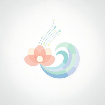 Minimalist vector graphic of a stylized flower blending into a flowing wave with soft pastel colors and floating digital particles