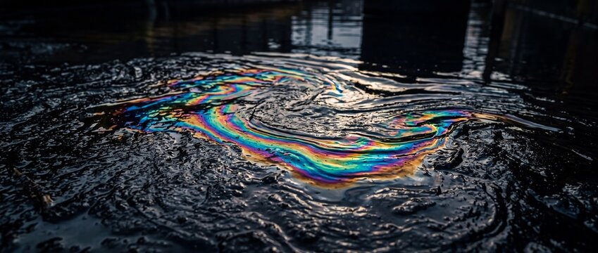 Industrial oil spill showing water pollution in nature creating abstract iridescent colorful pattern on surface environment disaster