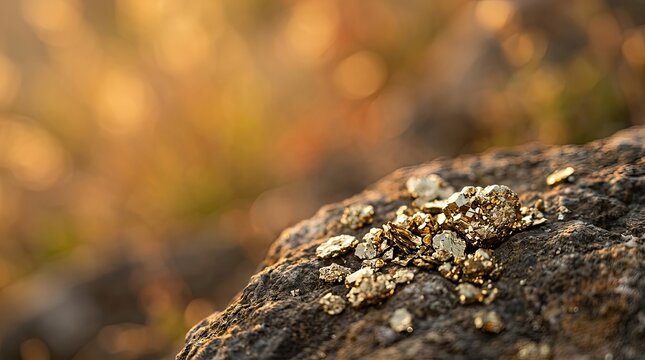 Glistening Gold Ore Rocks on Textured Surface with Golden Bokeh Background