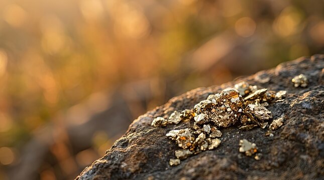 Close-up of Pyrite mineral cluster on a rock surface in natural sunlight.