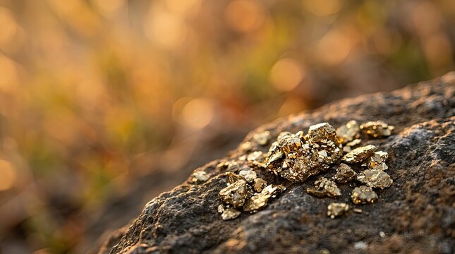 Shiny Golden Pyrite Nuggets on Rock with Blurred Natural Background
