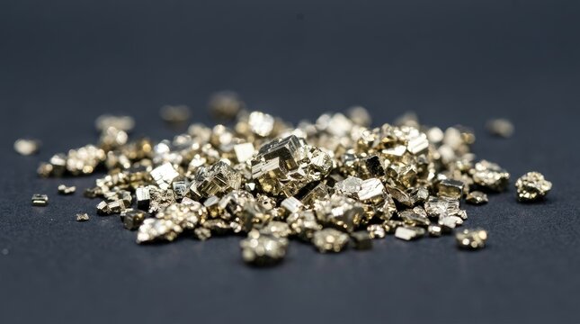 Close-up of shiny pyrite mineral crystals on dark background