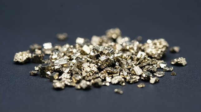 Close-up of Pyrite Fool's Gold Crystals: Shiny Metallic Ore Pile on Dark Background