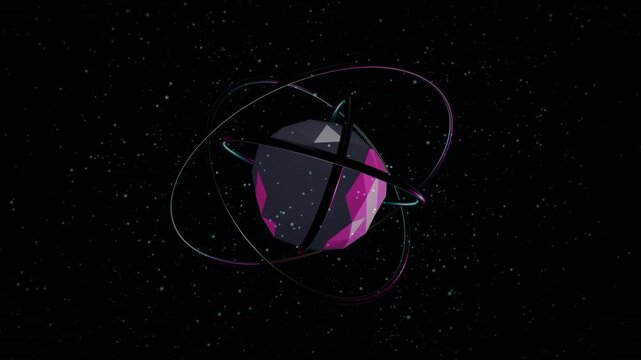 Rotating abstract geometric object with glowing facets in a star-filled cosmic environment, a digital art concept of science.