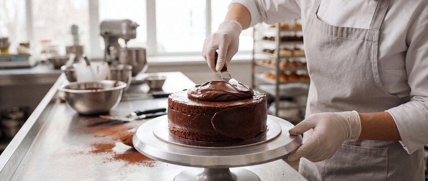 A baker wearing white gloves frosting a rich chocolate cake on a spinning stand in a professional kitchen
