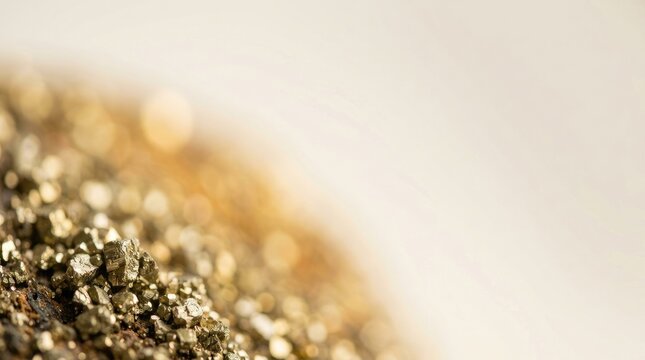 Macro shot of pyrite crystals glittering with golden bokeh background